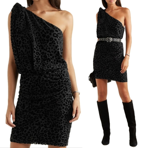 IRO Black Moon One-shoulder Knotted Devoré- Velvet Slim Fit Mini Dress Sze Small - Picture 1 of 16